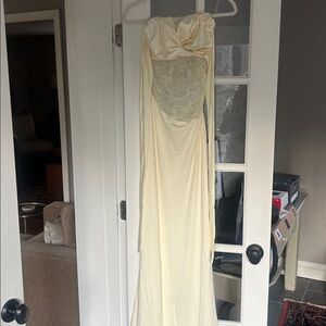 Soft Yellow/Cream Strapless Maxi Lace Dress